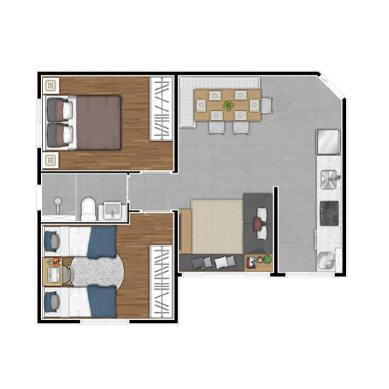 Planta Aptos finais 1,2,7 e 8 (2 Dorms - 45,14 m²)