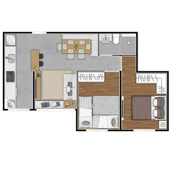 Planta Aptos finais 3, 4 e 5 (2 Dorms - 46,48 m² e 46,74 m²)